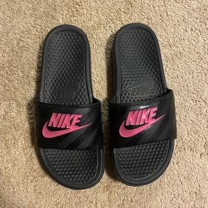 Black Nike slides with pink accents- Womens size 9
